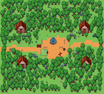 A pixel-art forest: dense canopy with a trail winding through it to a clearing with a fountain.